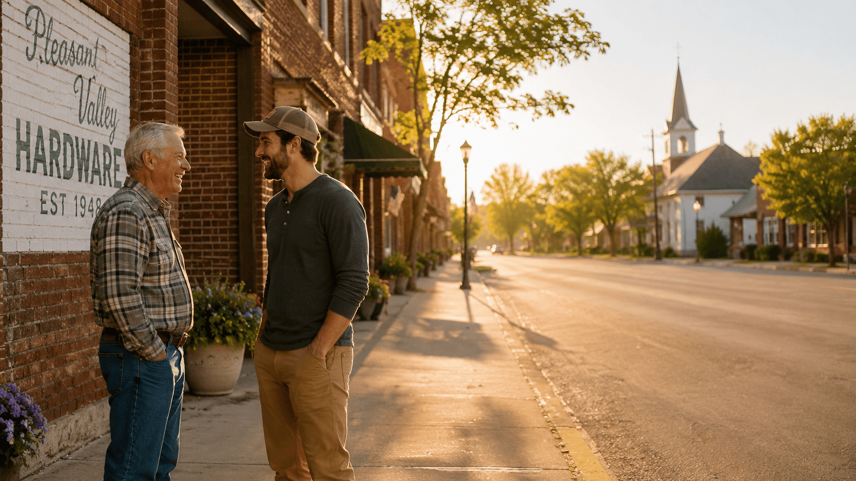 Two neighbors in conversation on a small-town main street at golden hour