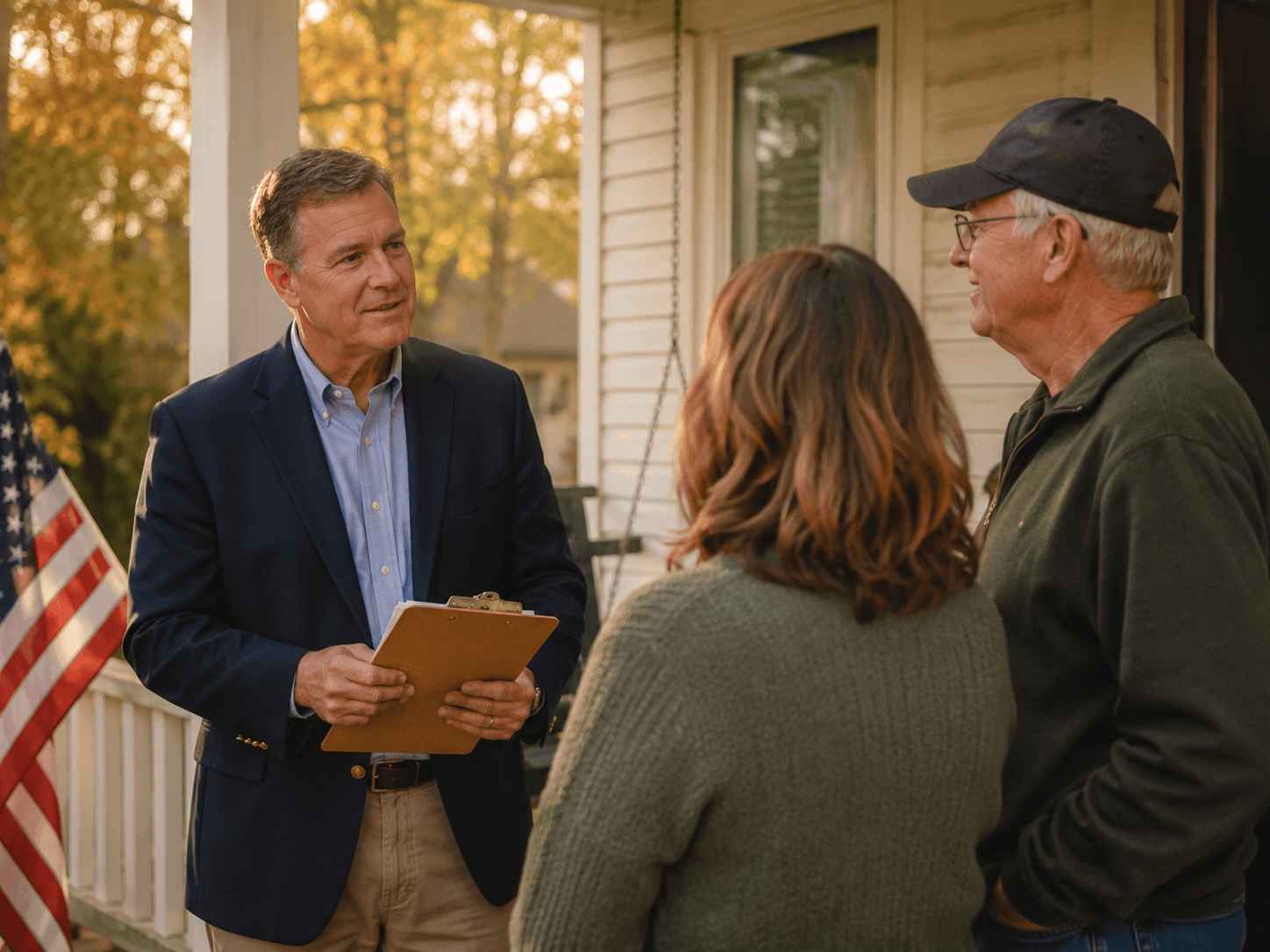 A candidate listening intently to two residents on a porch