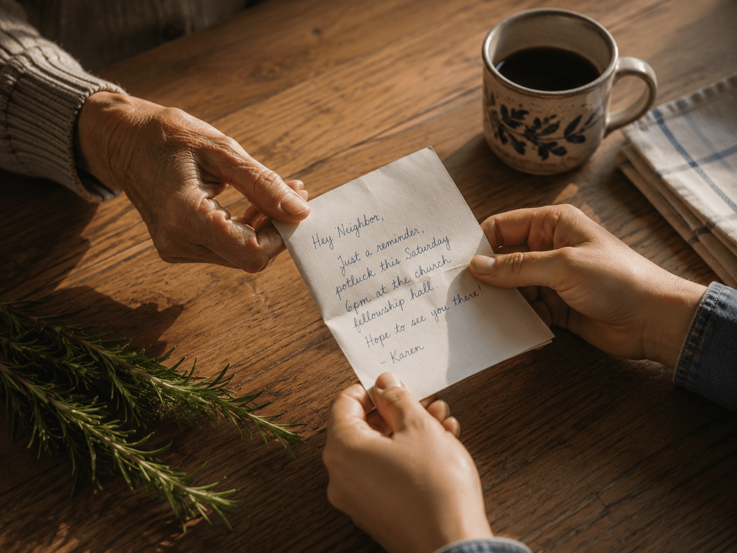 Two hands passing a folded note across a wooden table — trusted, person-to-person communication