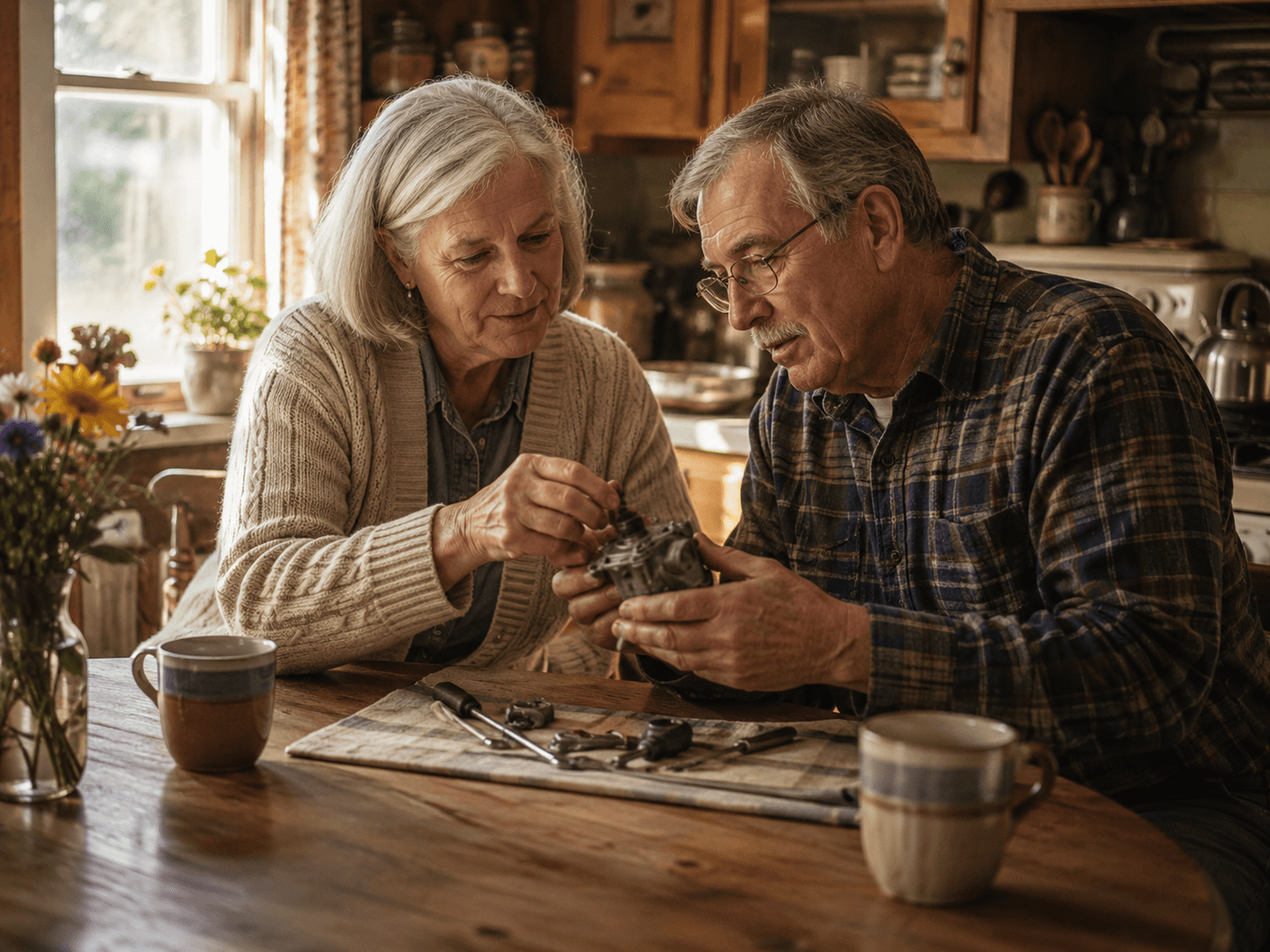 Two seniors sharing a skill at a kitchen table